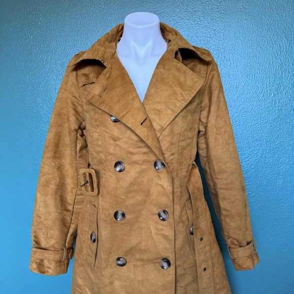 Steve Madden Suede Mustard Yellow Trench Coat Tie Waist Fitted Jacket - Picture 10 of 11